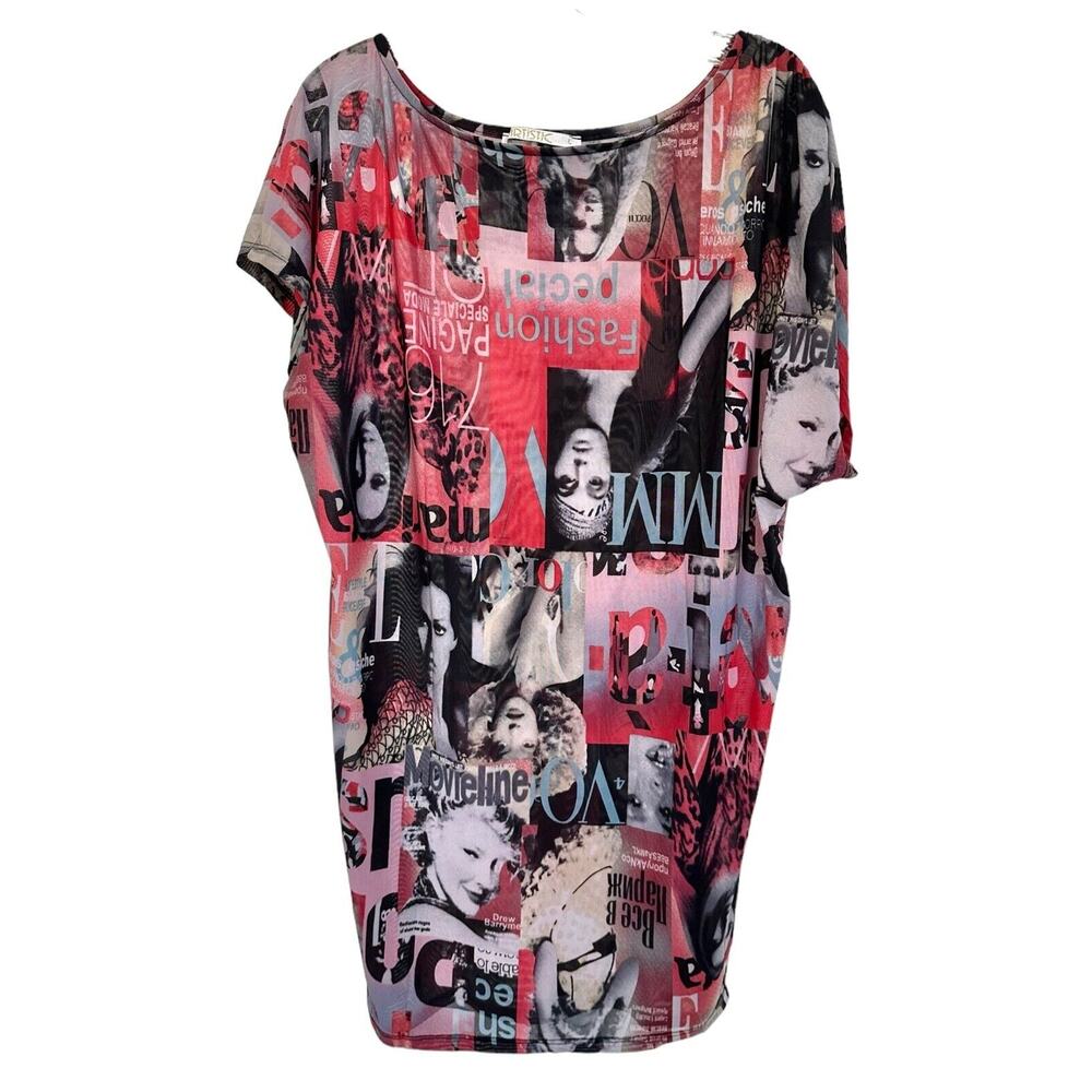 Artistic Women's Sheer Printed Beach Cover-Up Dress One Ruched Shoulder Size L